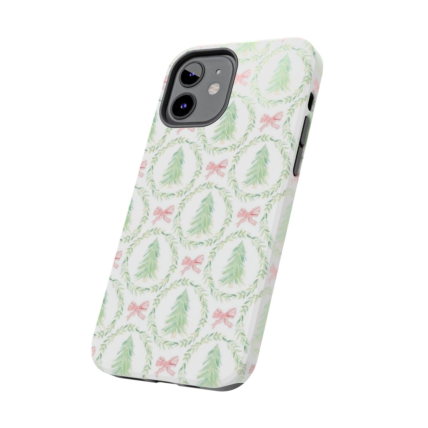 Christmas Wreath Phone Case — Pastel Pine Tree & Pink Bow Tough Case