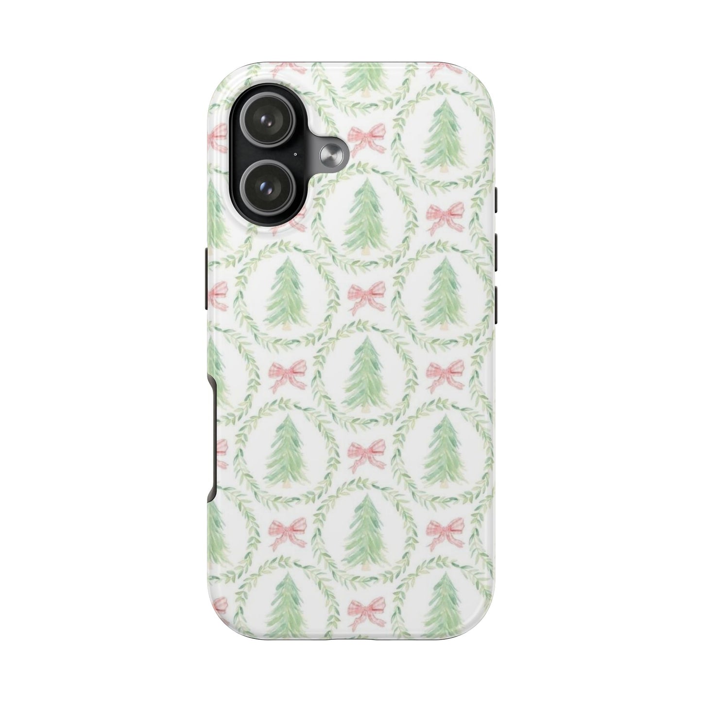 Christmas Wreath Phone Case — Pastel Pine Tree & Pink Bow Tough Case