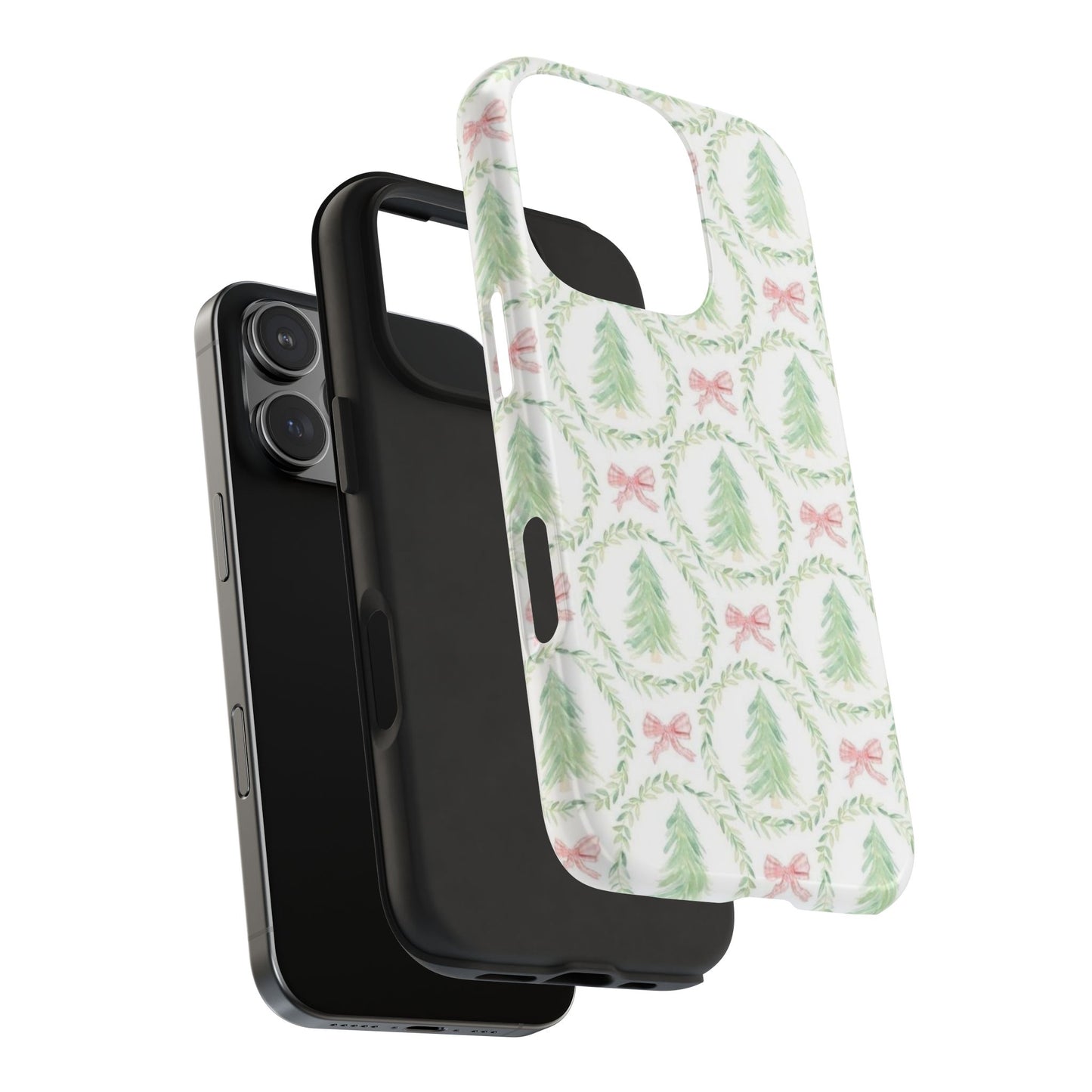 Christmas Wreath Phone Case — Pastel Pine Tree & Pink Bow Tough Case