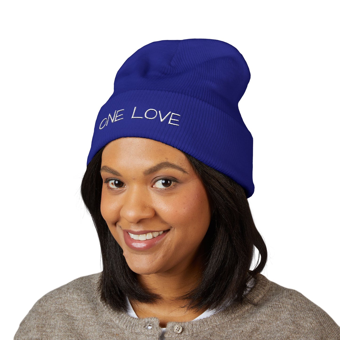 One Love Embroidered Cuffed Beanie — Classic Knit Winter Hat