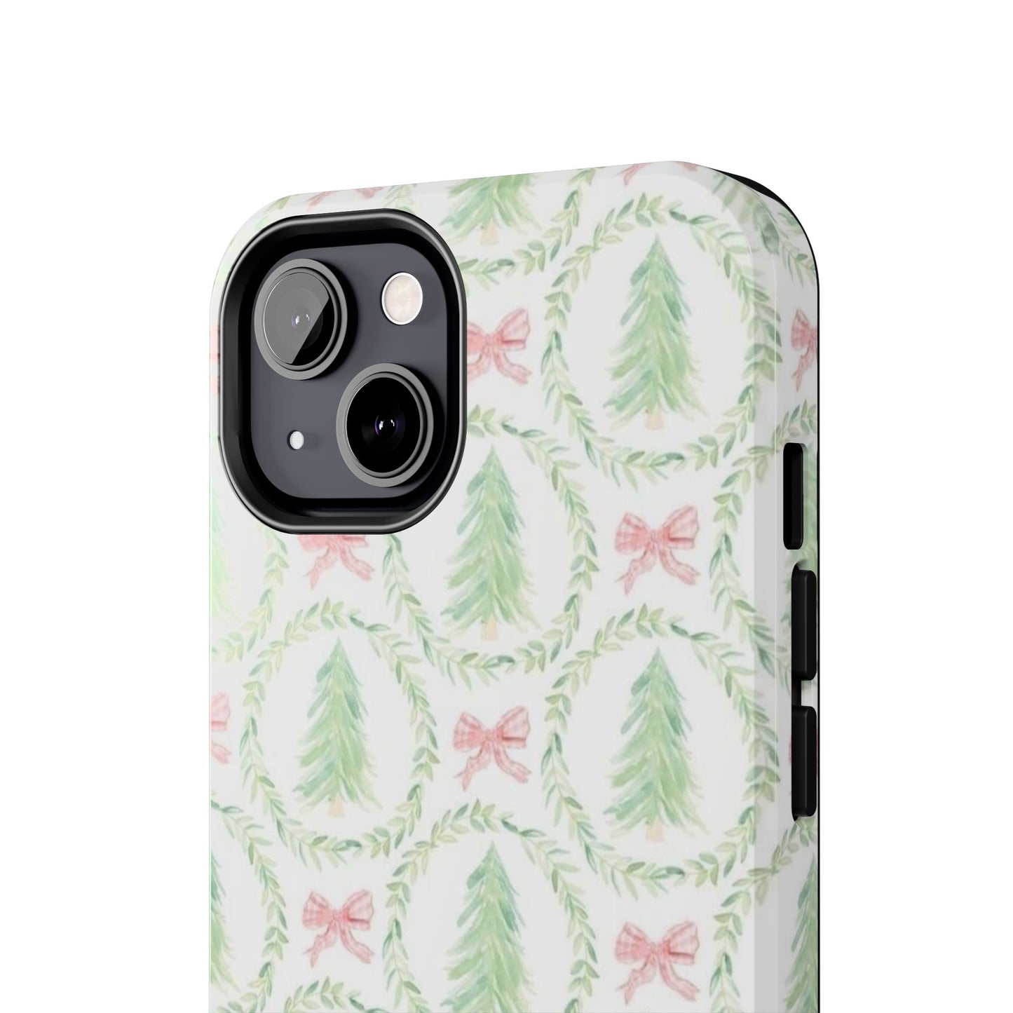 Christmas Wreath Phone Case — Pastel Pine Tree & Pink Bow Tough Case