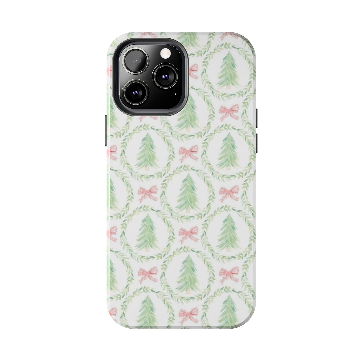 Christmas Wreath Phone Case — Pastel Pine Tree & Pink Bow Tough Case