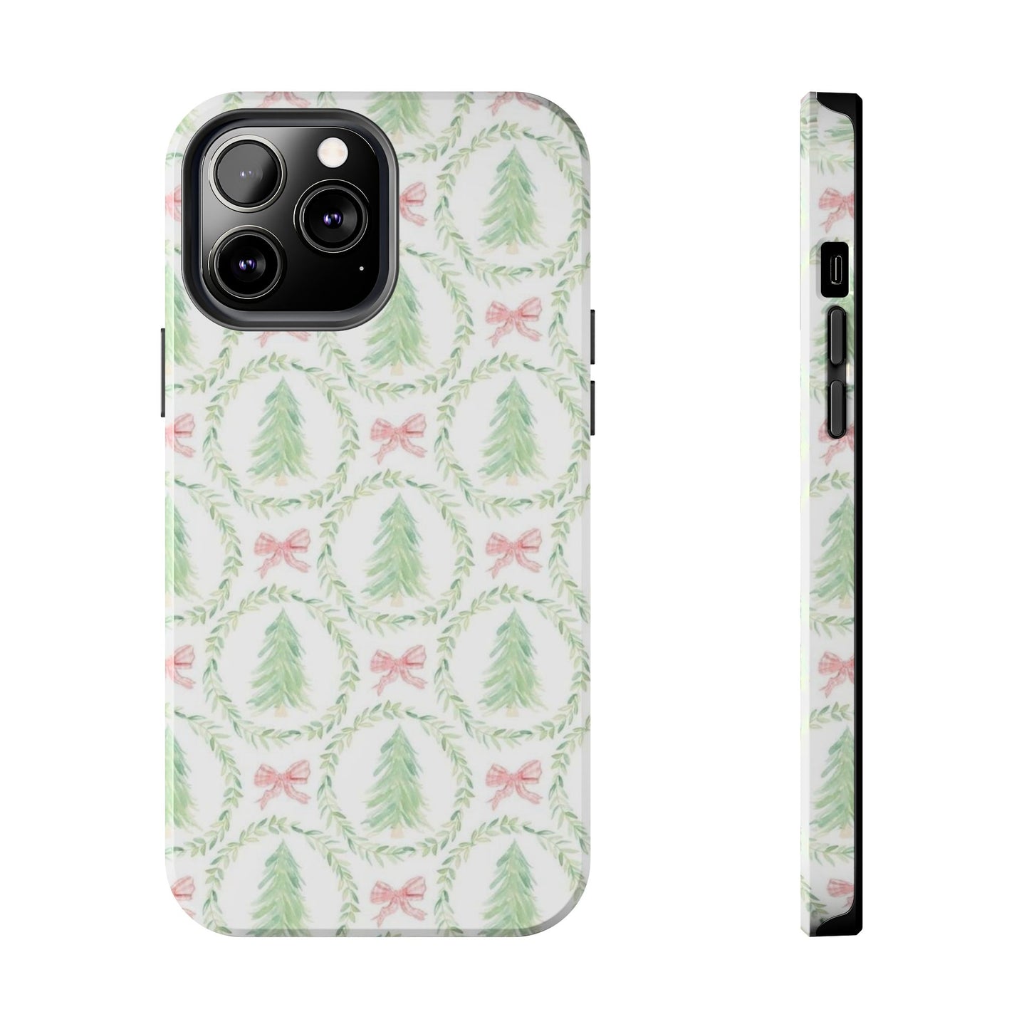 Christmas Wreath Phone Case — Pastel Pine Tree & Pink Bow Tough Case