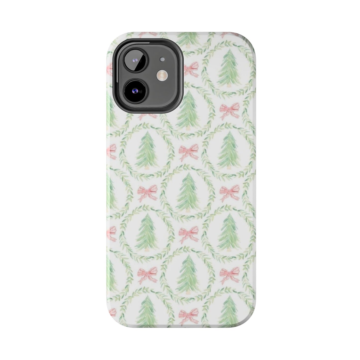 Christmas Wreath Phone Case — Pastel Pine Tree & Pink Bow Tough Case