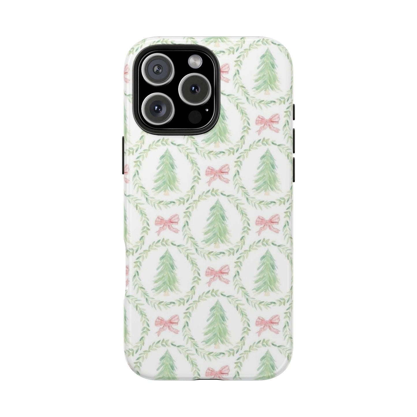 Christmas Wreath Phone Case — Pastel Pine Tree & Pink Bow Tough Case