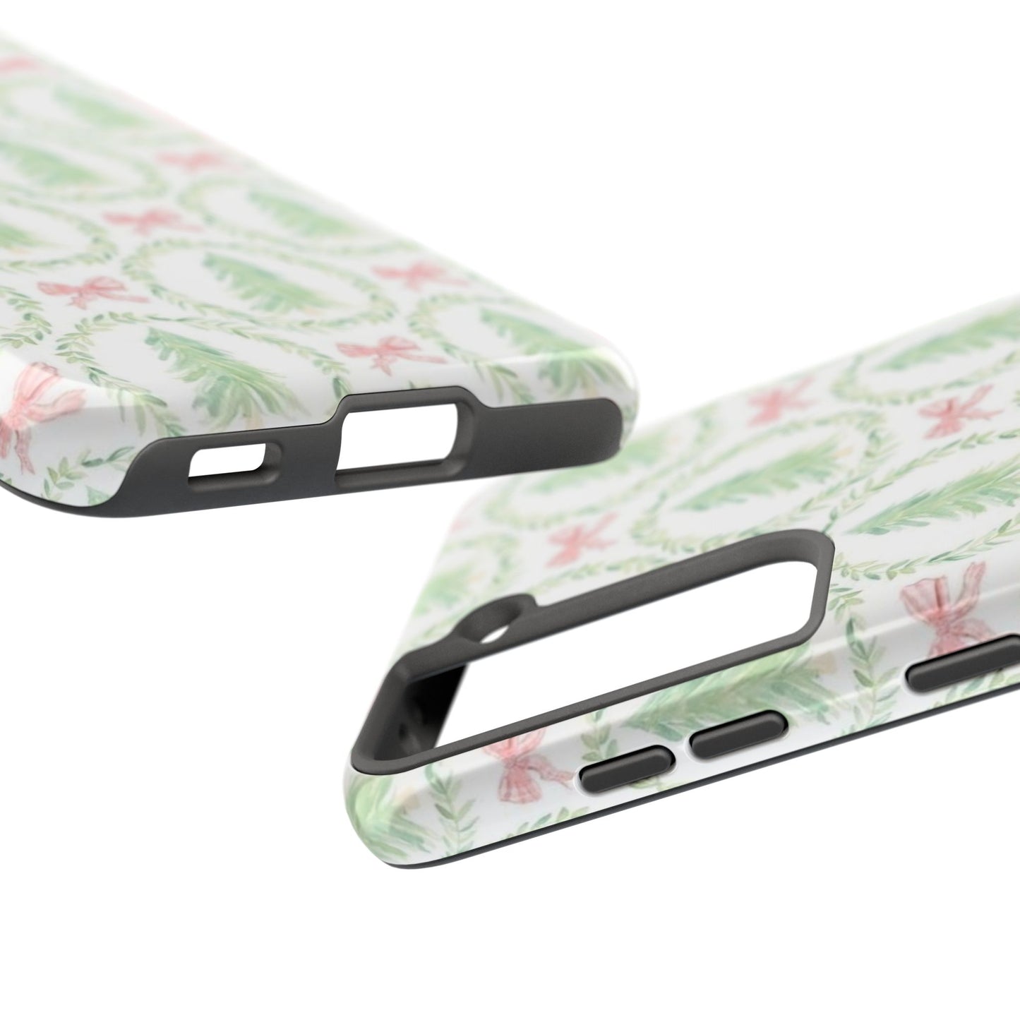 Christmas Wreath Phone Case — Pastel Pine Tree & Pink Bow Tough Case