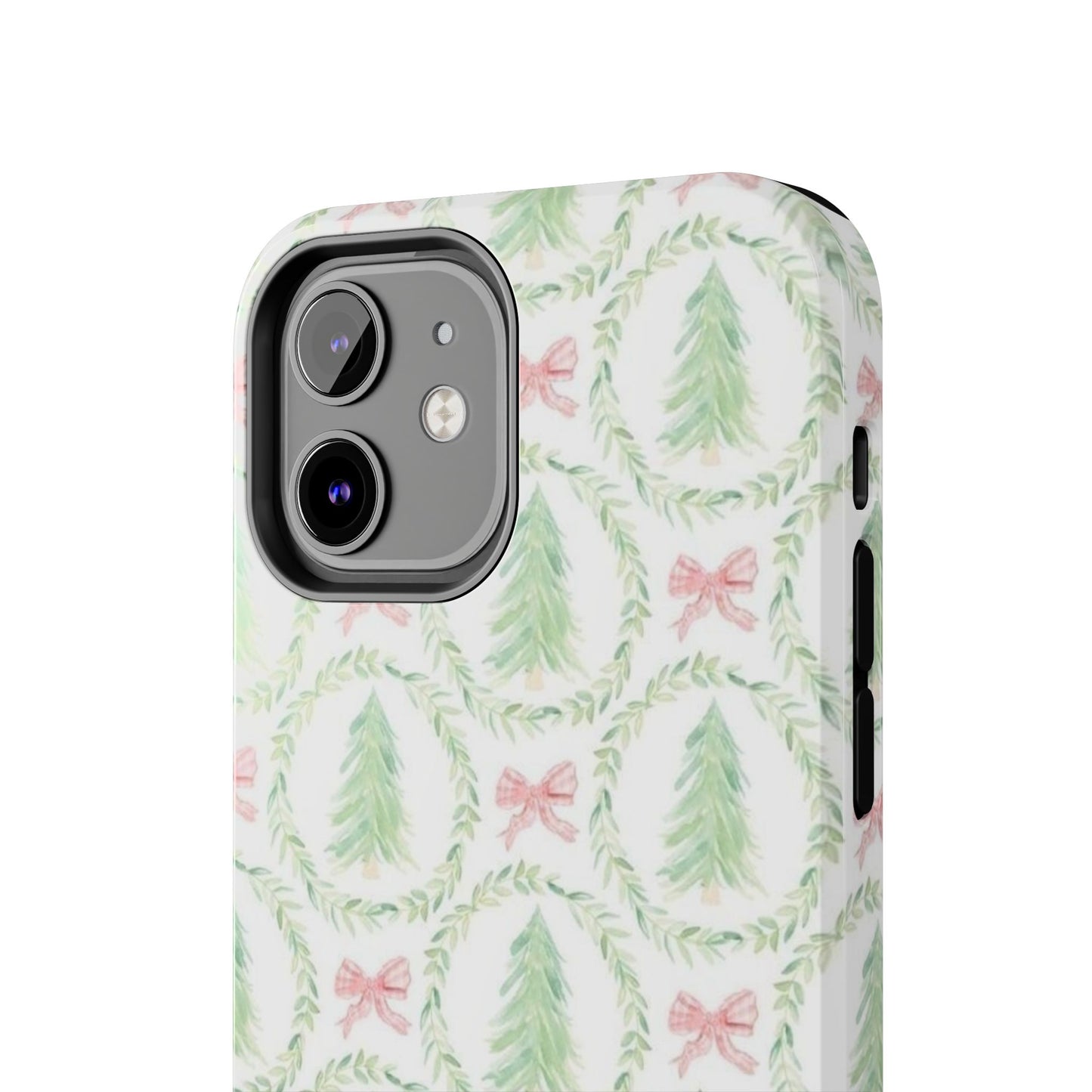 Christmas Wreath Phone Case — Pastel Pine Tree & Pink Bow Tough Case