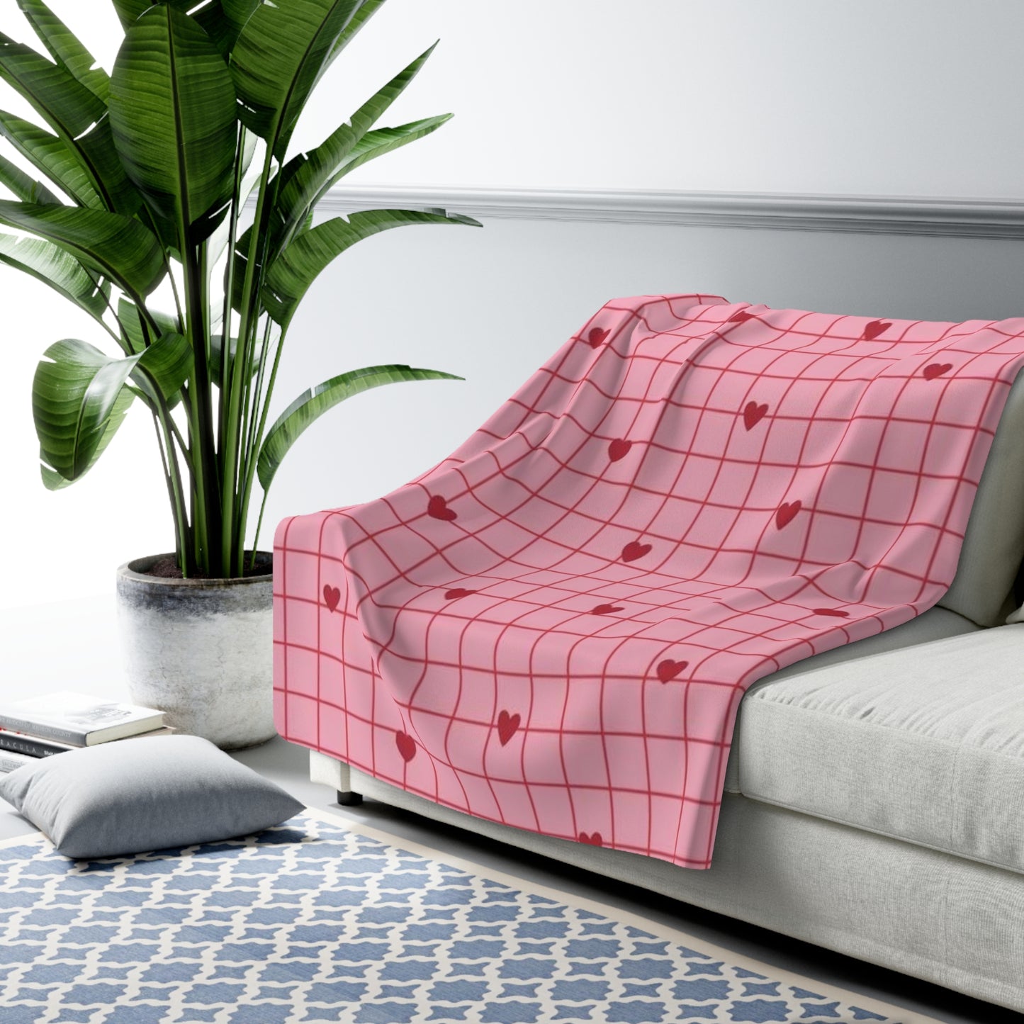 Pink Grid Heart Sherpa Blanket – Cozy Valentine Fleece Throw