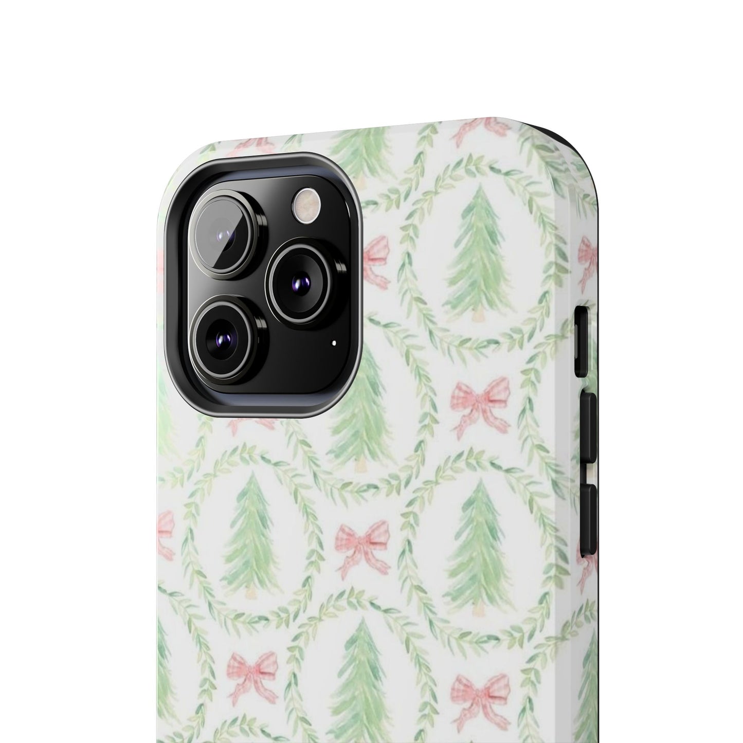 Christmas Wreath Phone Case — Pastel Pine Tree & Pink Bow Tough Case
