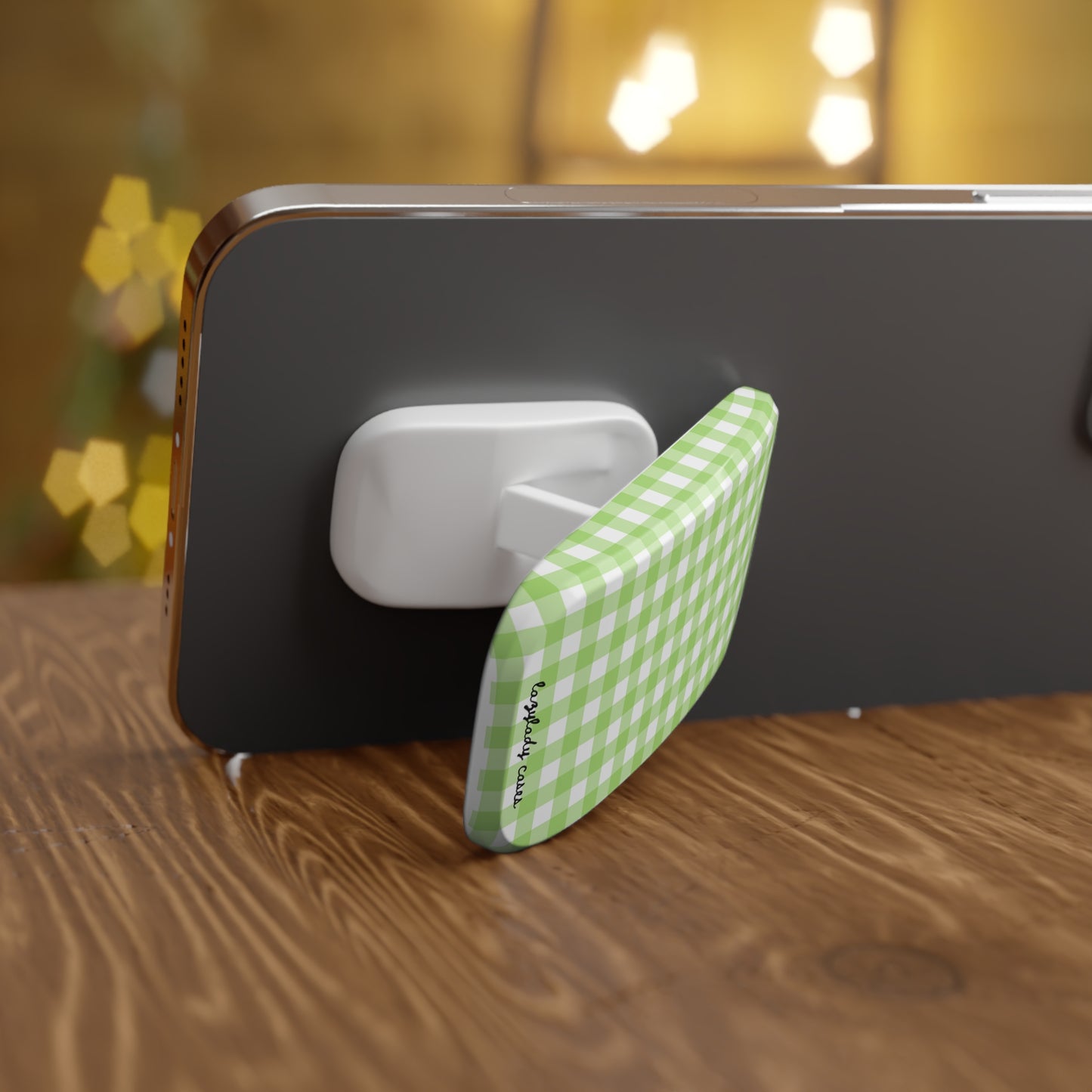 Green Gingham Phone Grip - Click-On Style for a Secure Hold