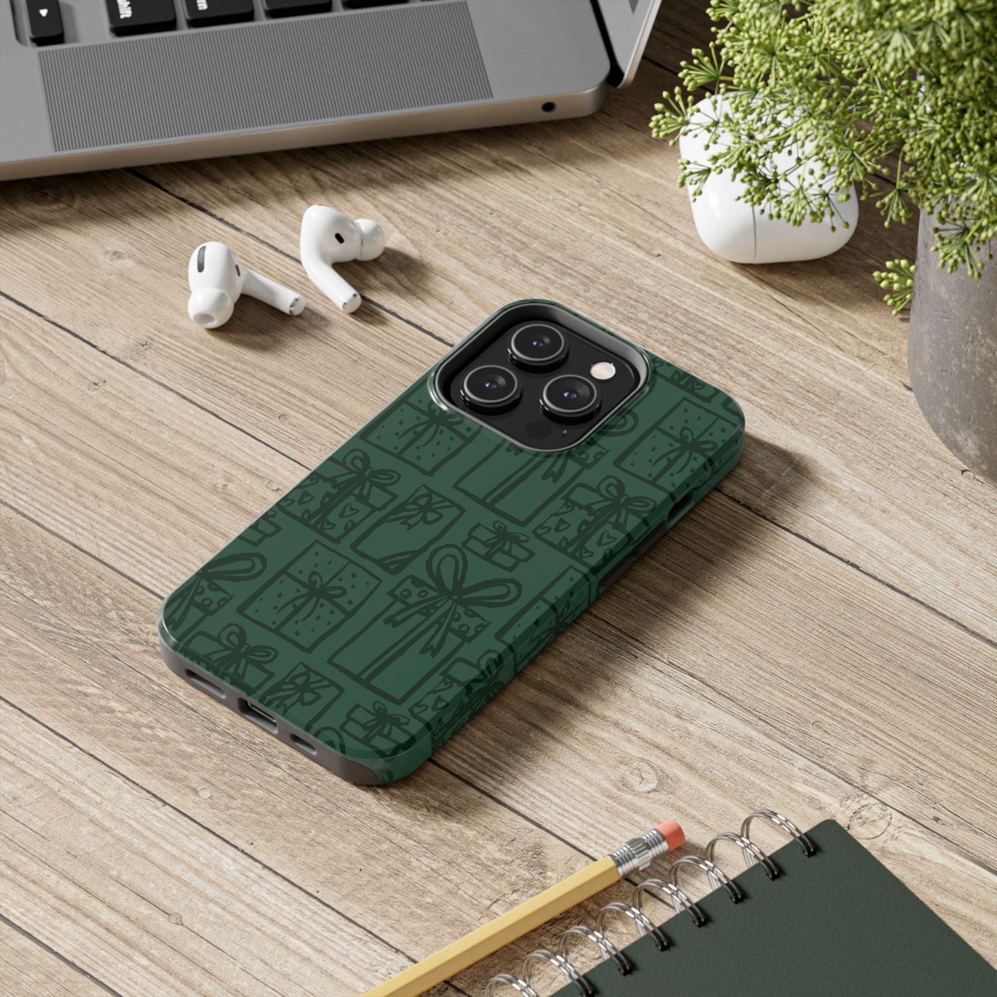 Holiday Gift Pattern Tough Phone Case — Dark Green Present Illustrations