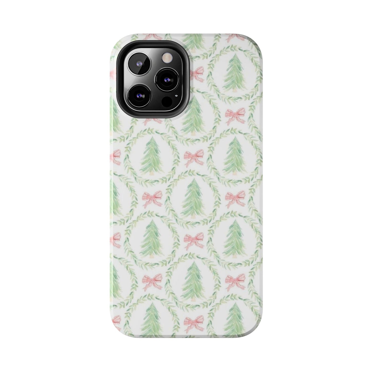 Christmas Wreath Phone Case — Pastel Pine Tree & Pink Bow Tough Case