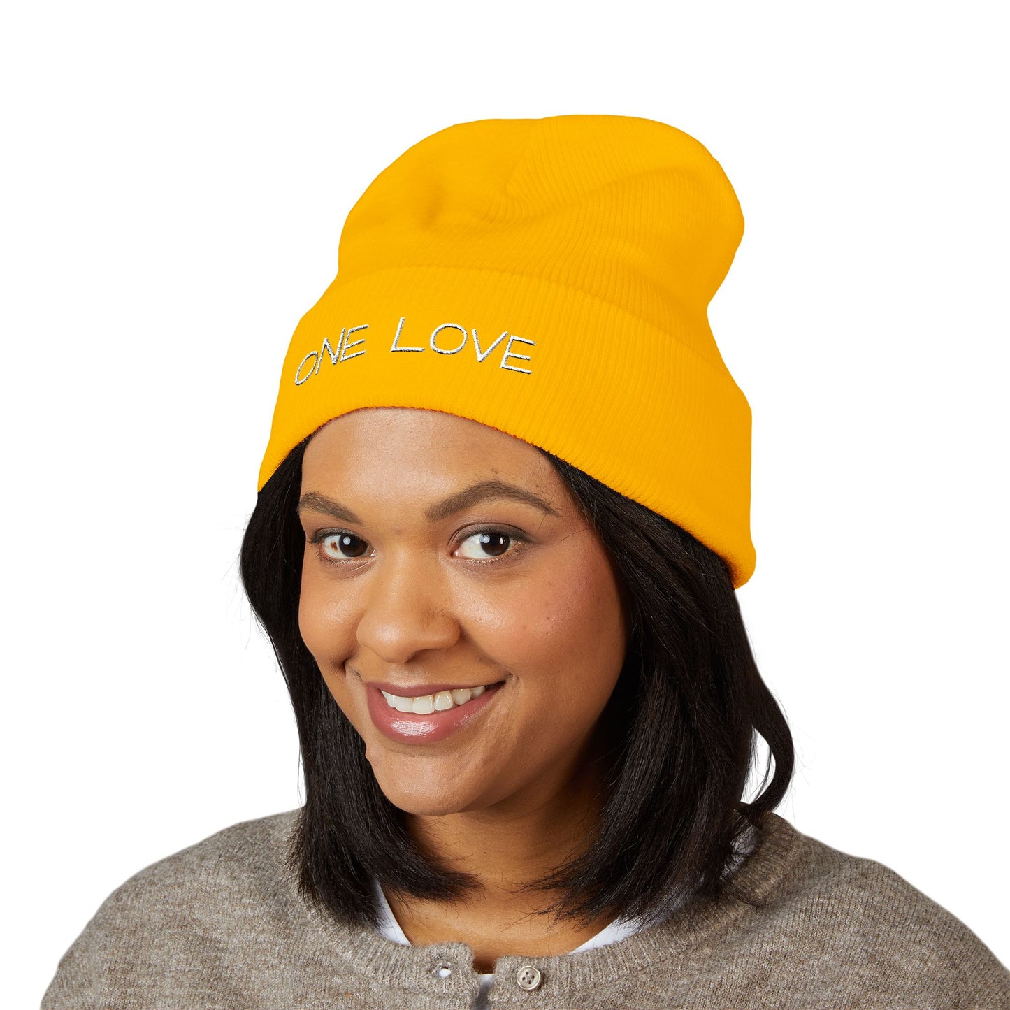 One Love Embroidered Cuffed Beanie — Classic Knit Winter Hat