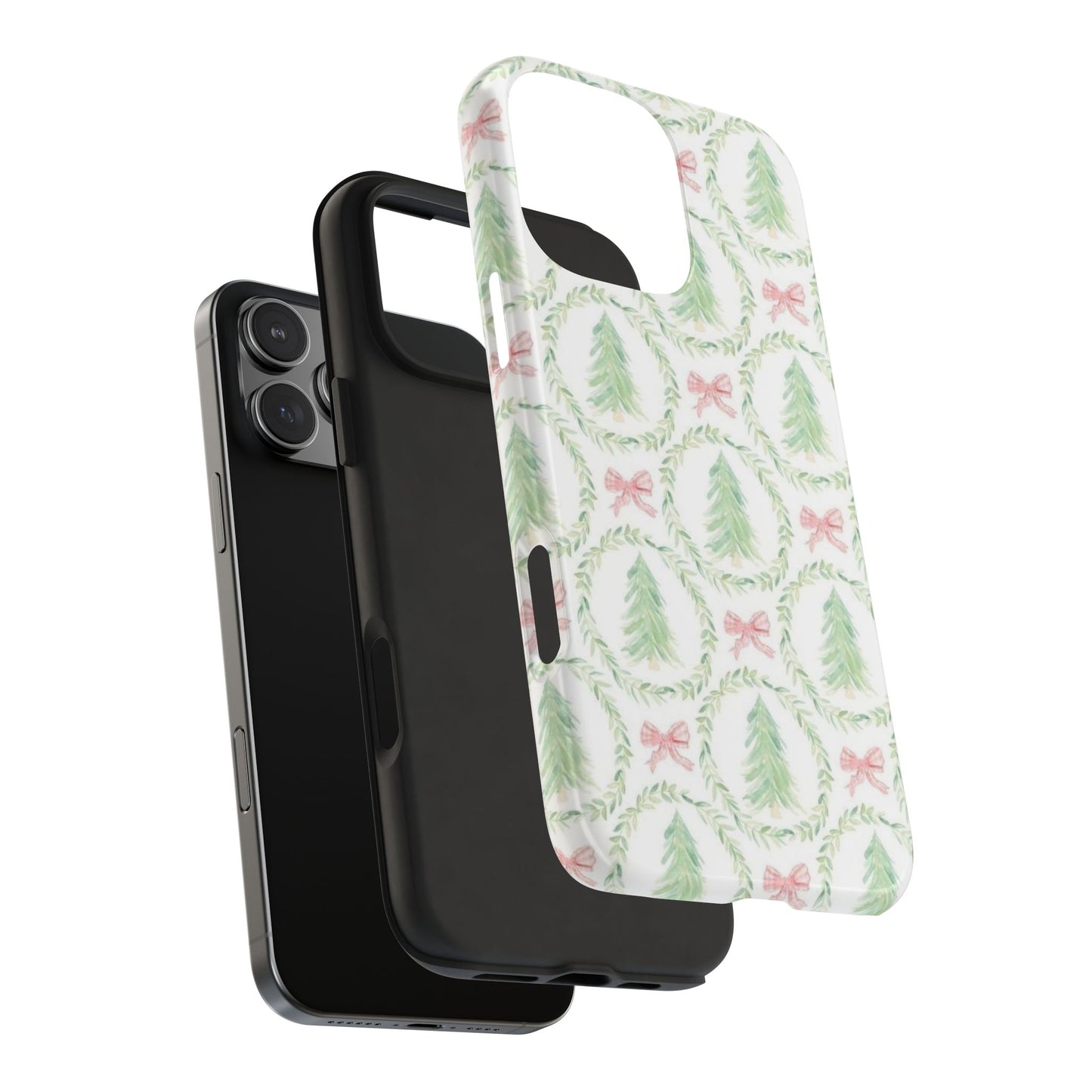 Christmas Wreath Phone Case — Pastel Pine Tree & Pink Bow Tough Case
