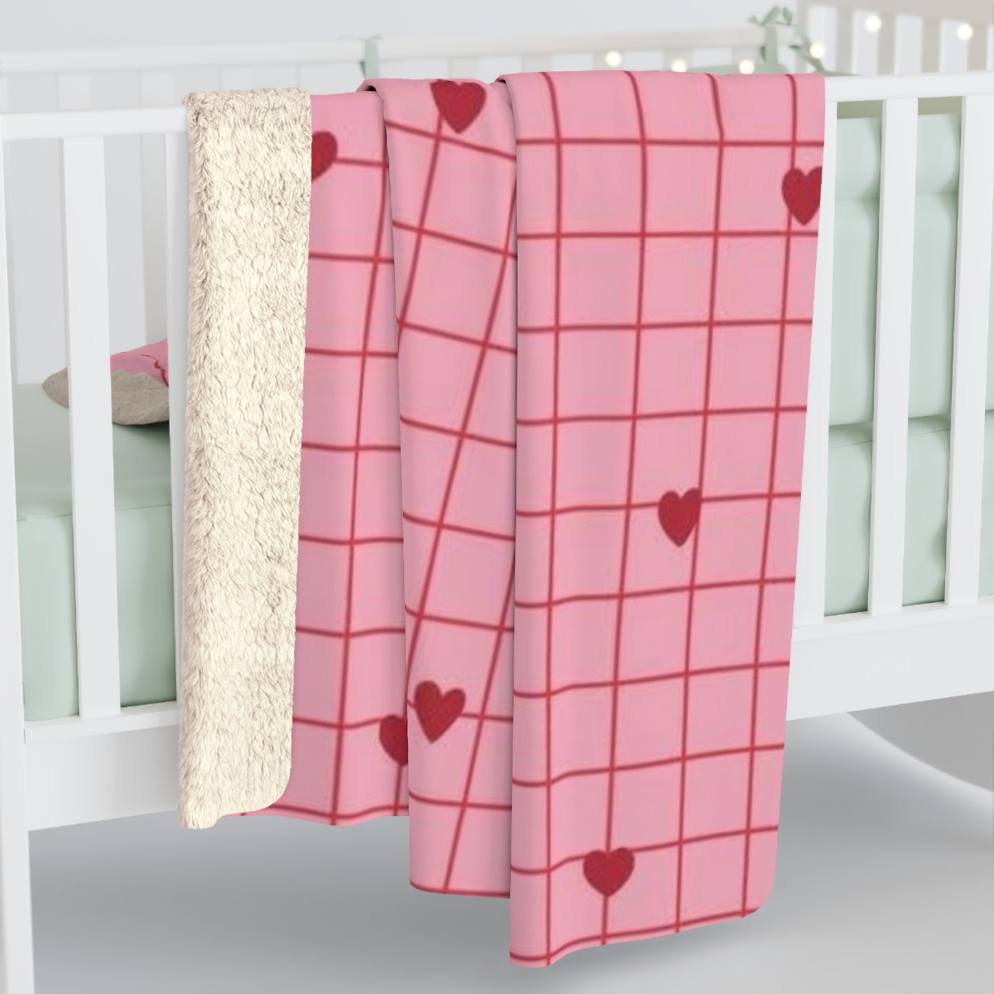 Pink Grid Heart Sherpa Blanket – Cozy Valentine Fleece Throw