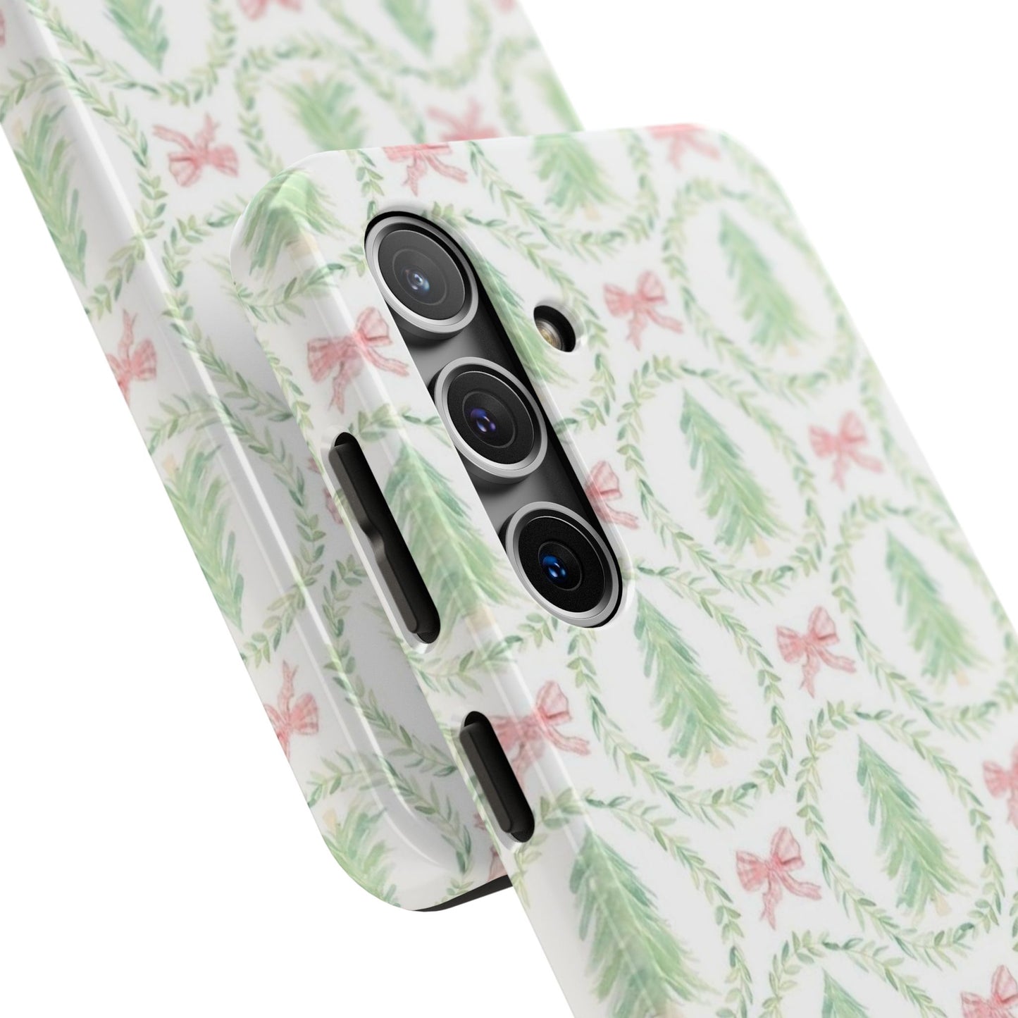 Christmas Wreath Phone Case — Pastel Pine Tree & Pink Bow Tough Case