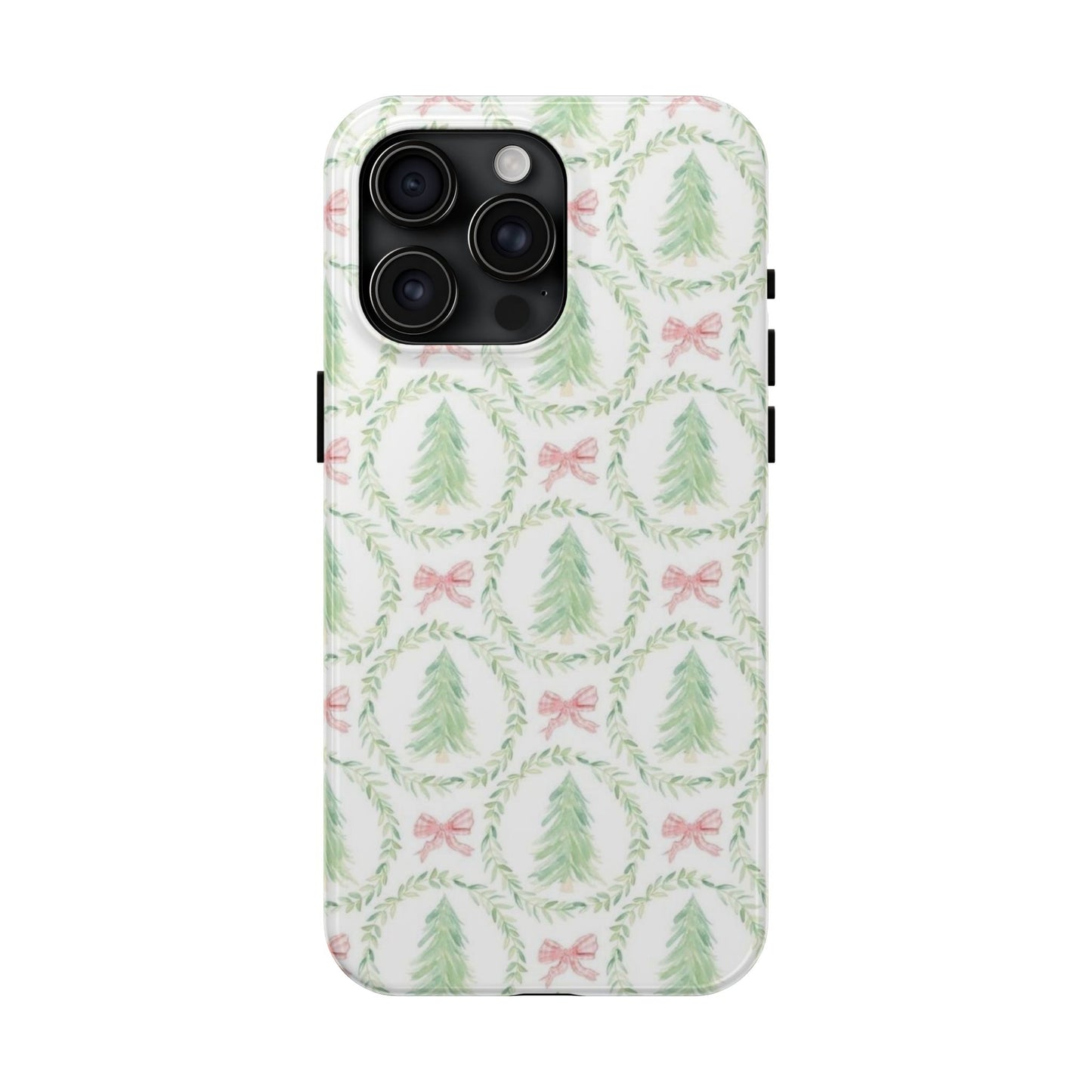 Christmas Wreath Phone Case — Pastel Pine Tree & Pink Bow Tough Case