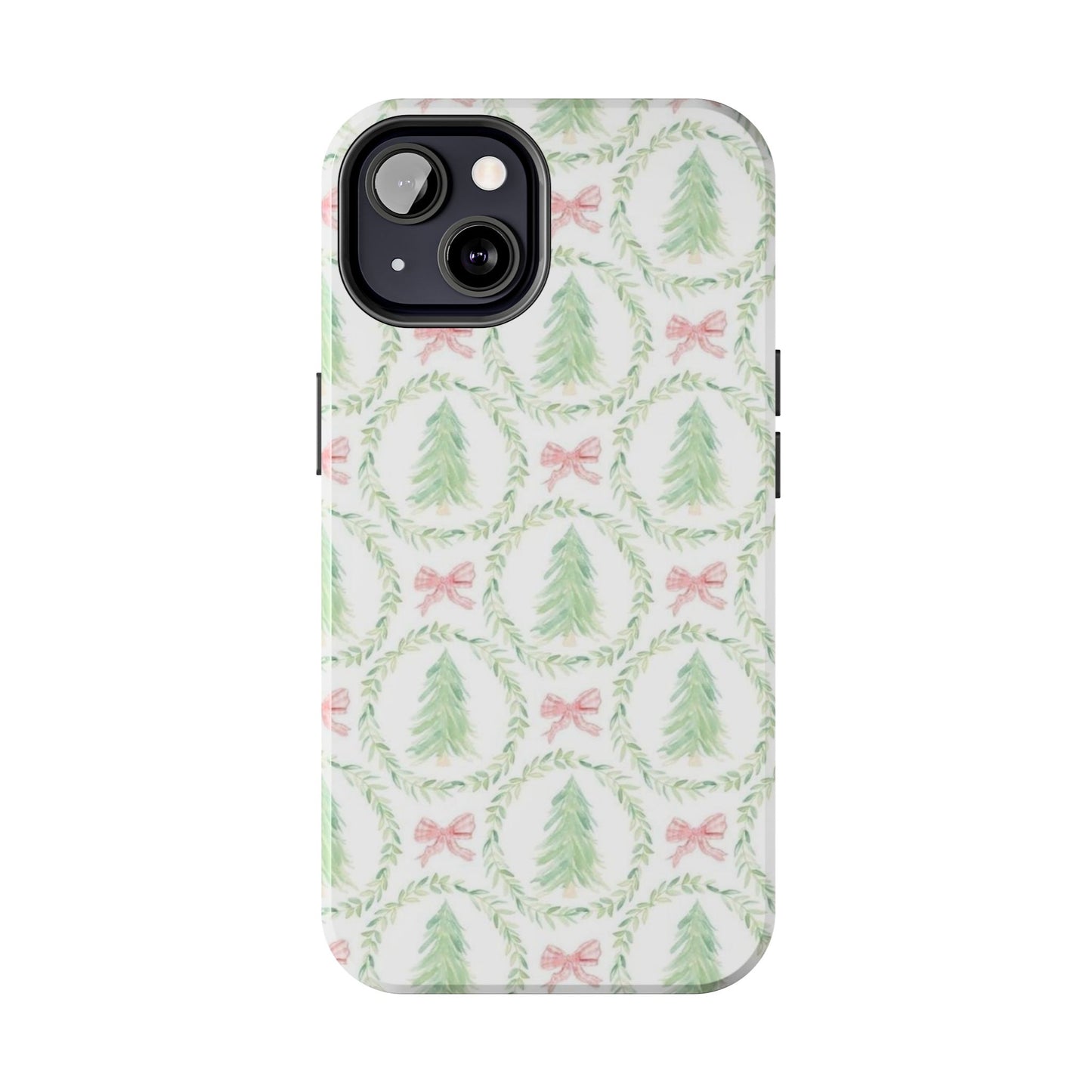 Christmas Wreath Phone Case — Pastel Pine Tree & Pink Bow Tough Case