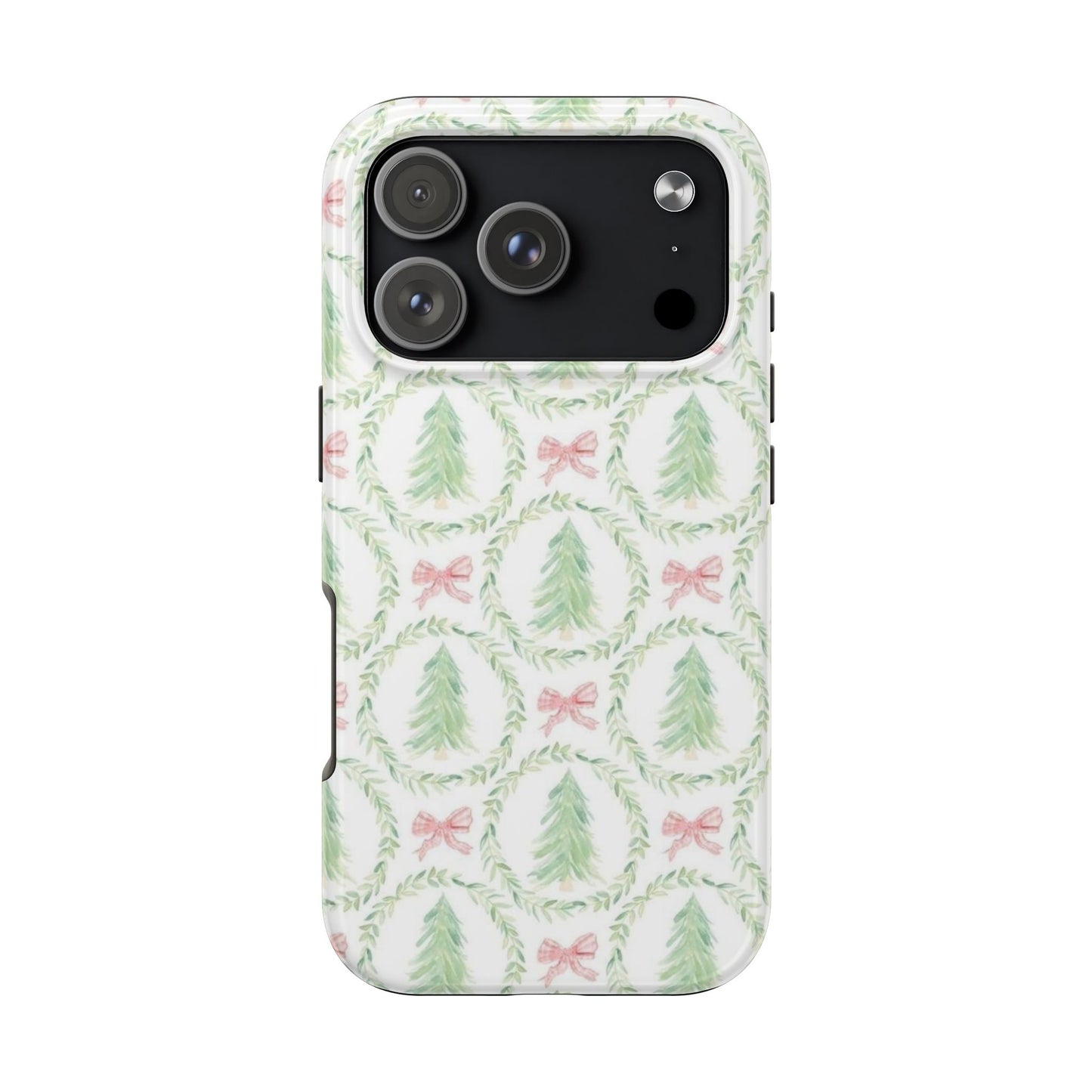 Christmas Wreath Phone Case — Pastel Pine Tree & Pink Bow Tough Case