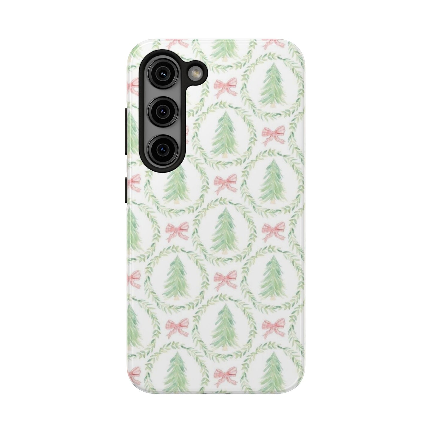 Christmas Wreath Phone Case — Pastel Pine Tree & Pink Bow Tough Case
