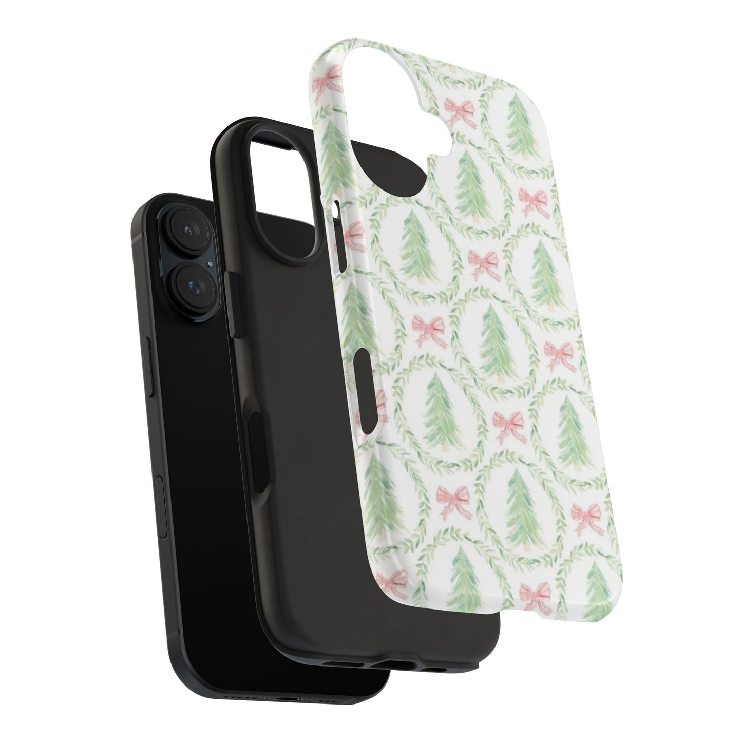 Christmas Wreath Phone Case — Pastel Pine Tree & Pink Bow Tough Case