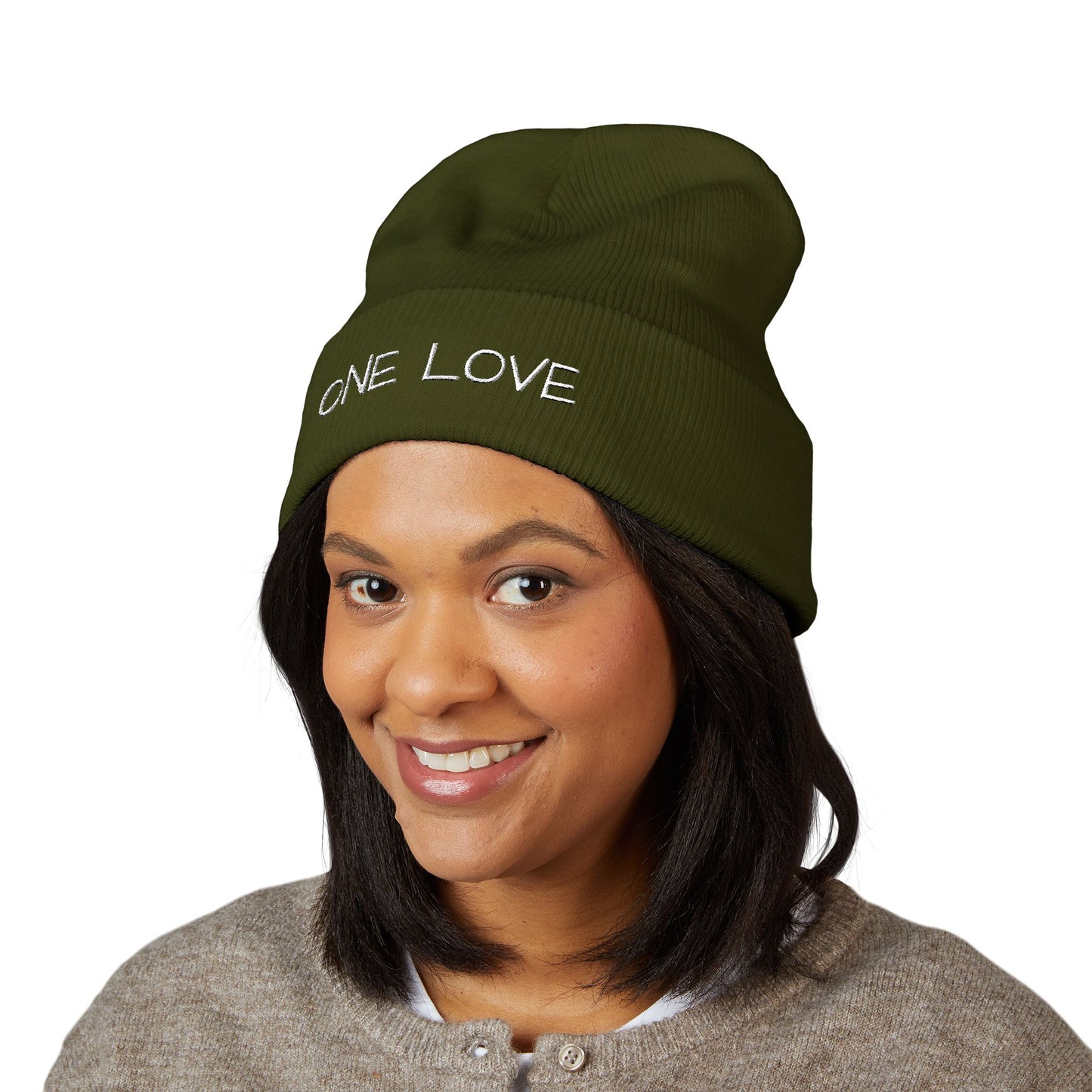 One Love Embroidered Cuffed Beanie — Classic Knit Winter Hat