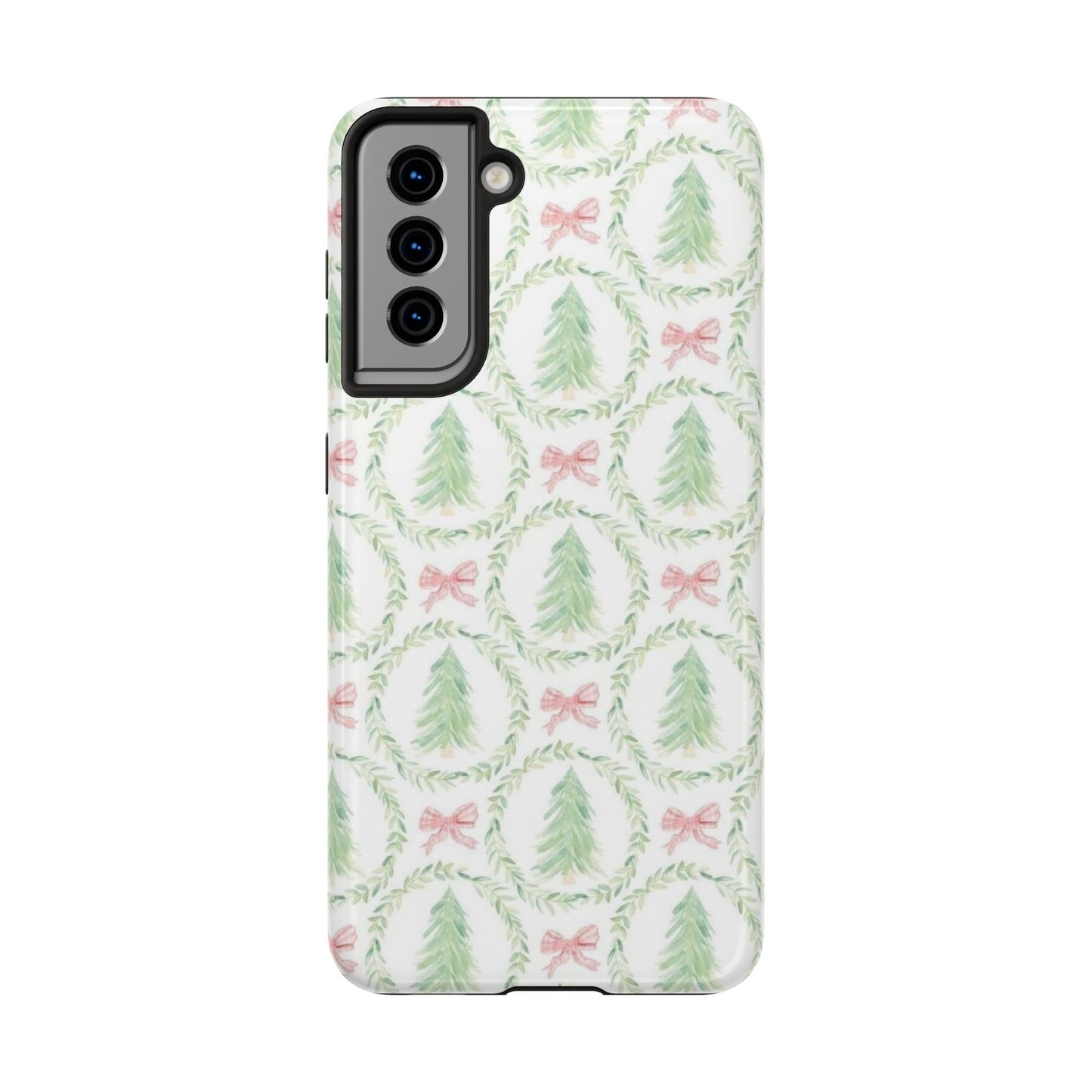 Christmas Wreath Phone Case — Pastel Pine Tree & Pink Bow Tough Case