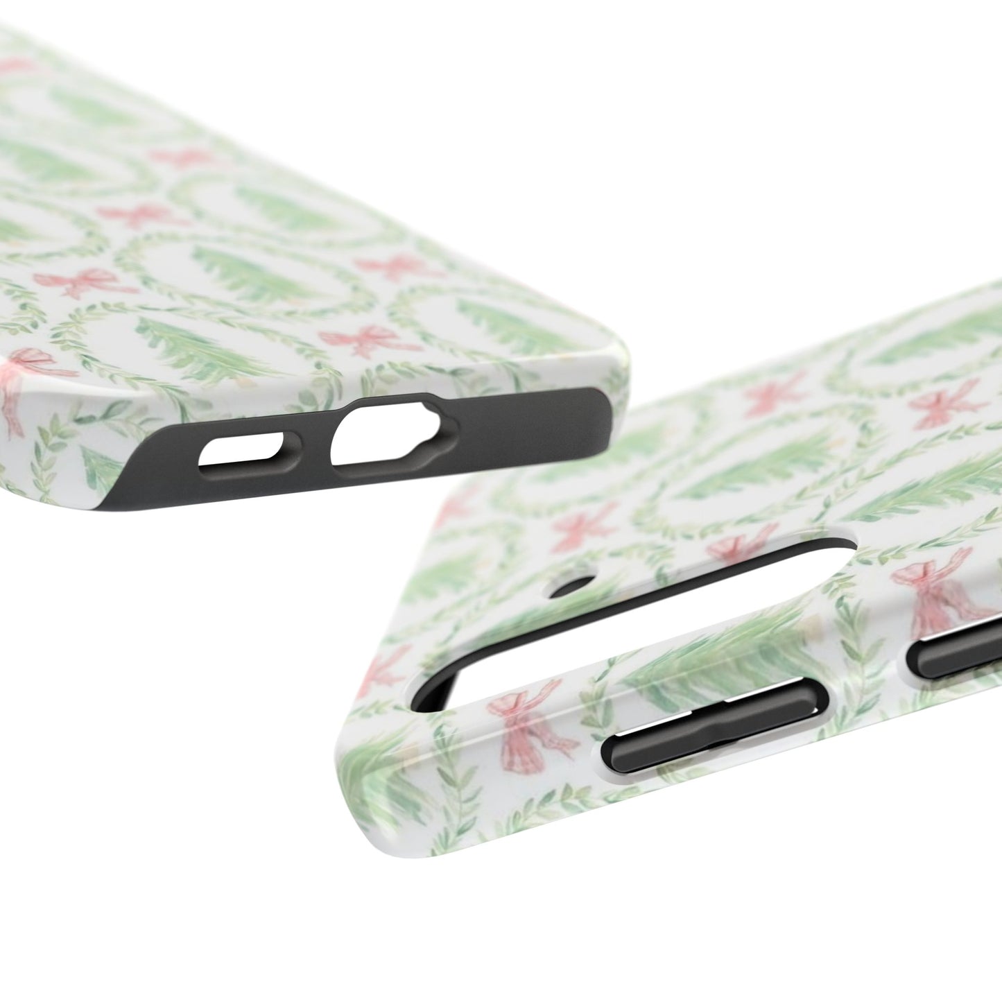 Christmas Wreath Phone Case — Pastel Pine Tree & Pink Bow Tough Case
