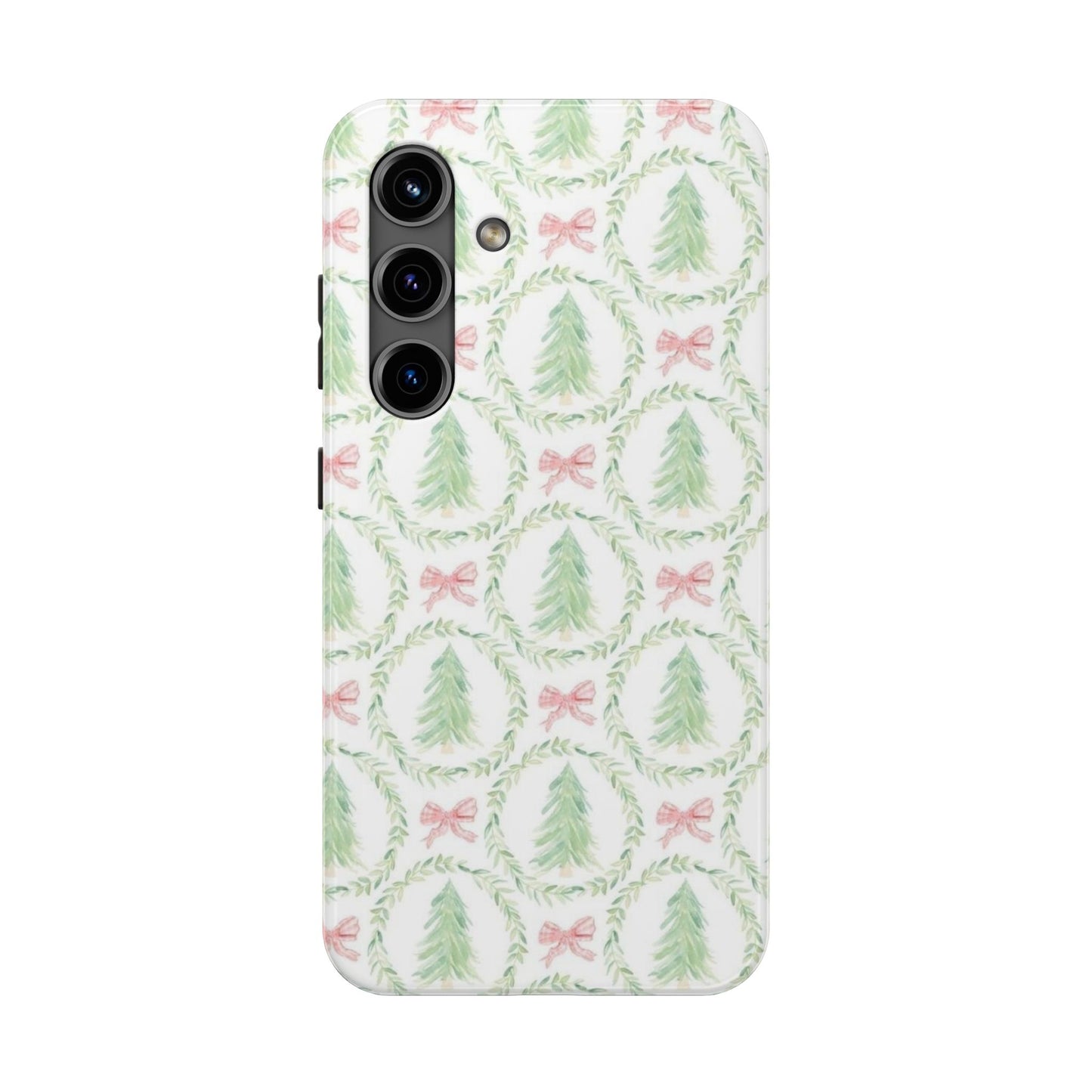 Christmas Wreath Phone Case — Pastel Pine Tree & Pink Bow Tough Case