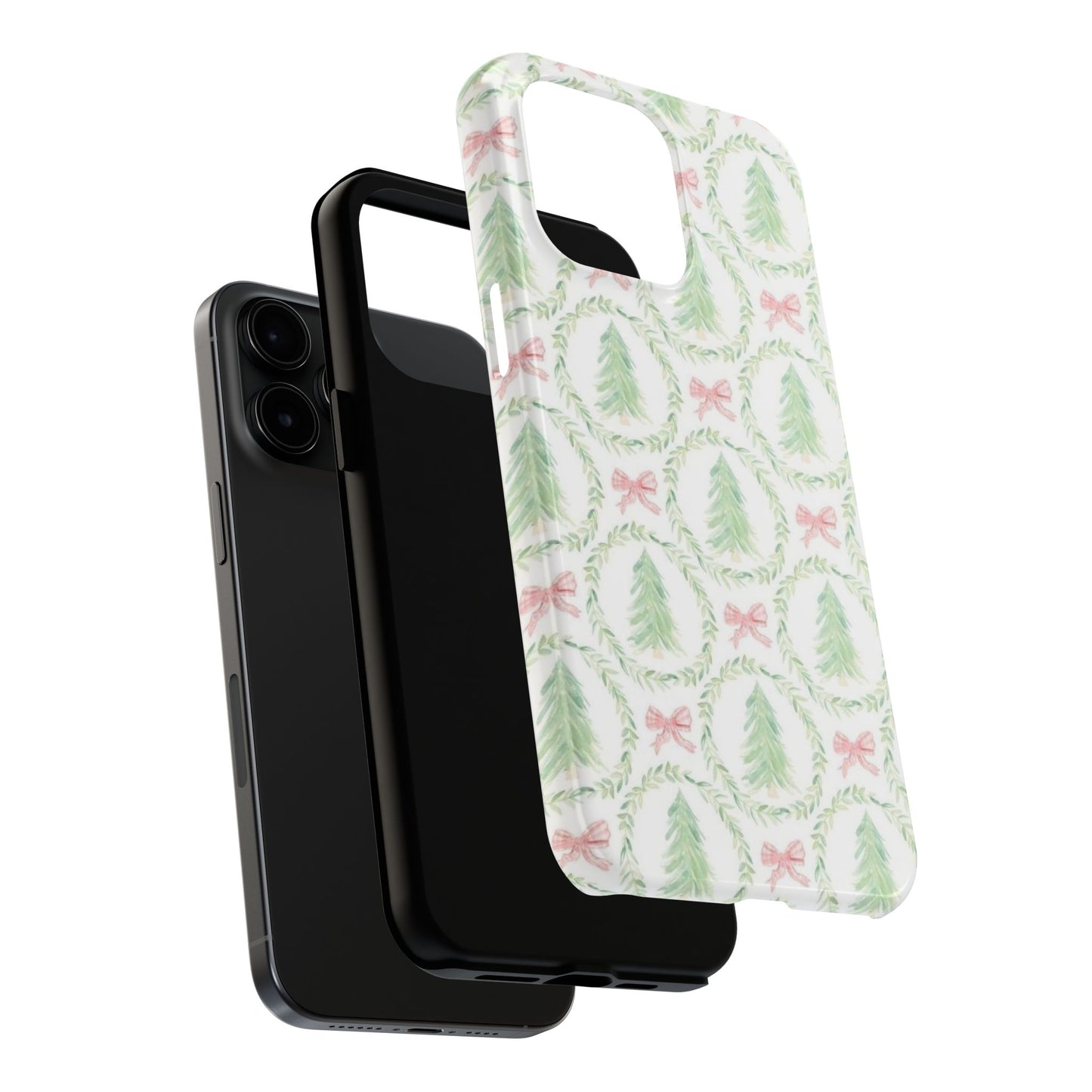Christmas Wreath Phone Case — Pastel Pine Tree & Pink Bow Tough Case