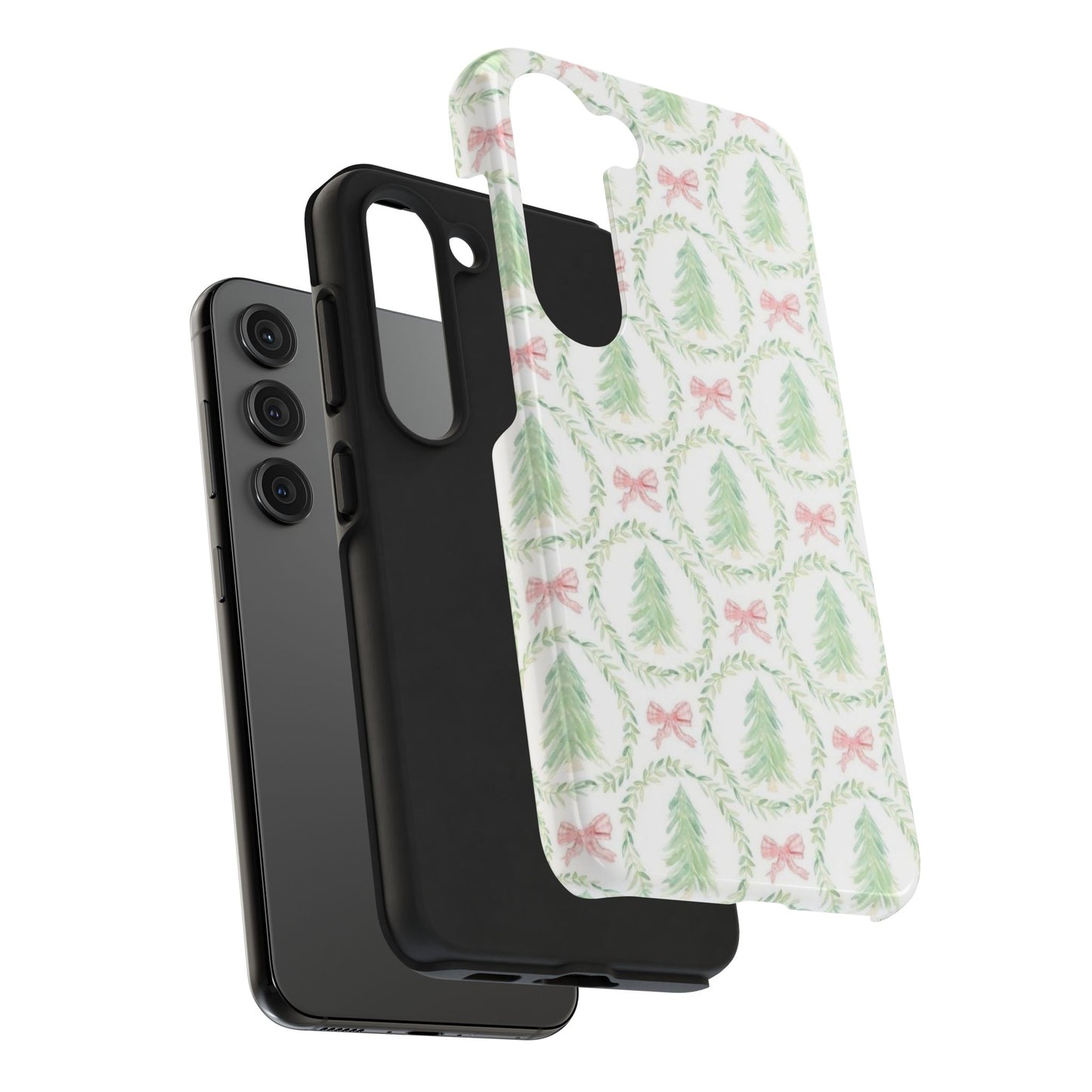 Christmas Wreath Phone Case — Pastel Pine Tree & Pink Bow Tough Case